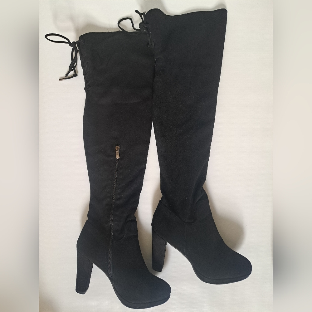 Over the Knee Boots Block Heel Black Faux Suede Side Zip 8.5